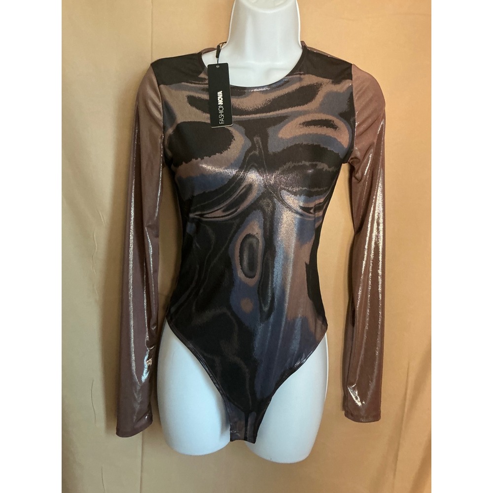 Fashion Nova Bodysuit Womens Small Bronze Metallic Graphic New Flaw Long Sleeve